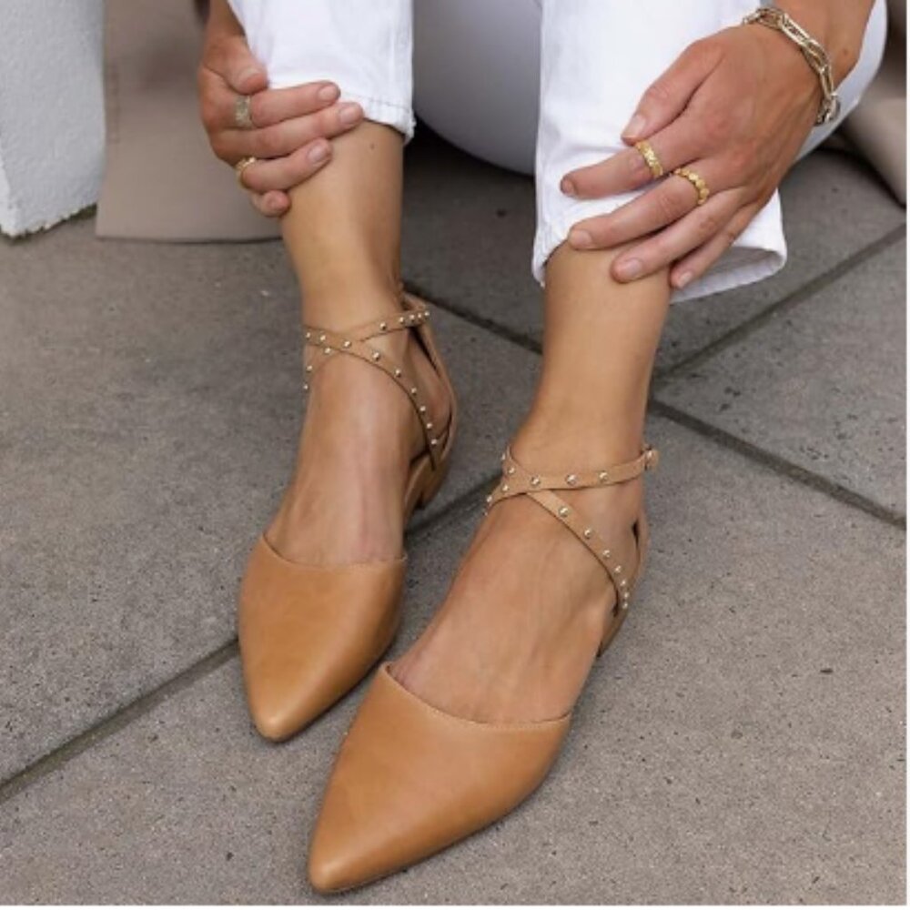 Pazzion Brown Closed Toe Studded Strappy Low Block Heel Crossed Strap Sandals